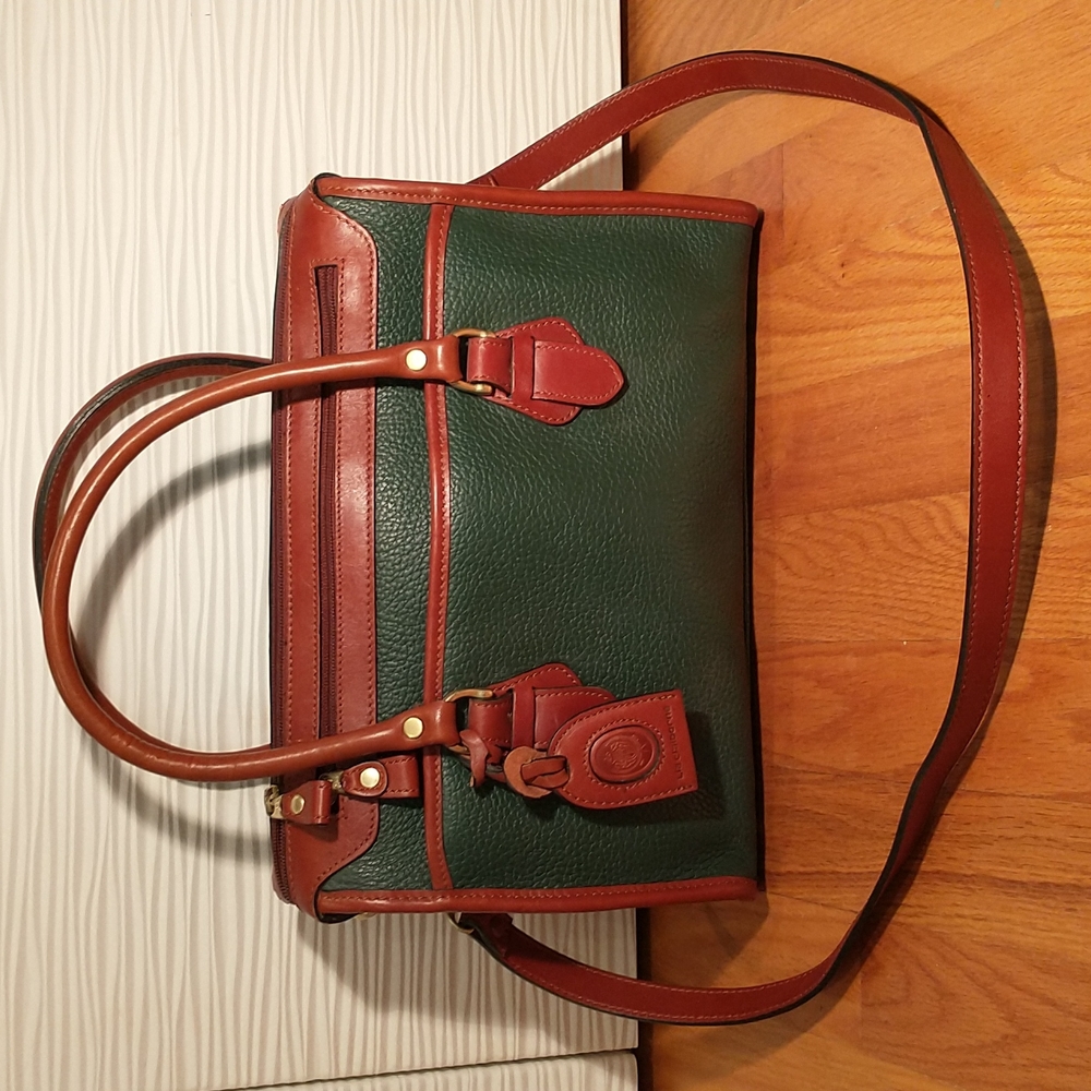 Vtg Liz Claiborne Pebbled Leather Satchel Green Brown Shoulder Handbag Purse